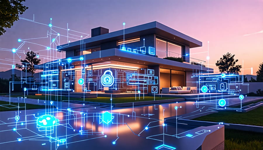 Futuristic home secured by a Raspberry Pi, connecting various security components like cameras, locks, and sensors via digital lines.