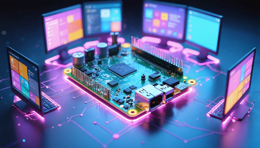 A Raspberry Pi surrounded by virtual screens representing multiple operating systems, showcasing the concept of virtualization through hypervisors.