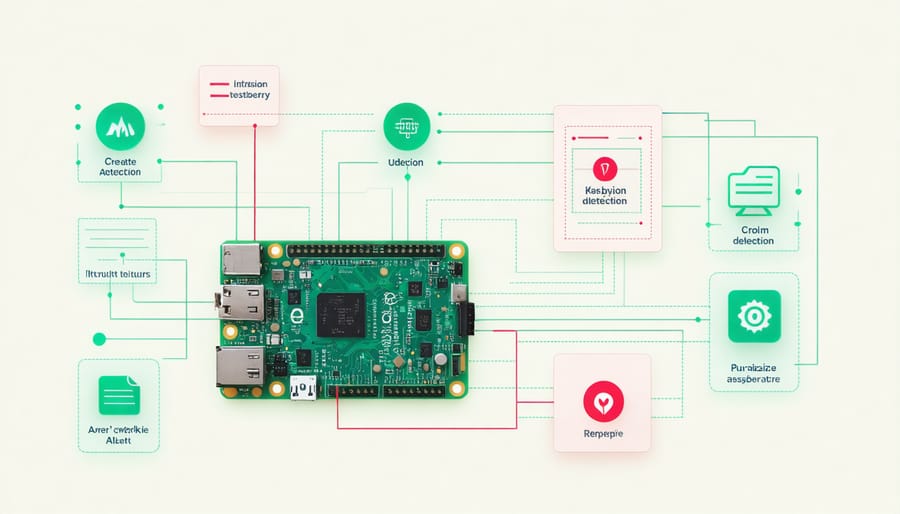 Conceptual representation of a Raspberry Pi intrusion detection system monitoring network traffic