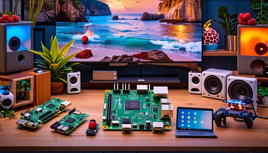 Selection of Raspberry Pi devices encircled by varied project icons such as home automation, media streaming, and robotics, showcasing its versatile and innovative potential.