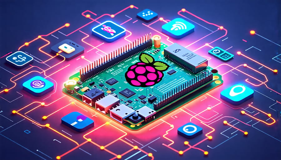 Artistic representation of a Raspberry Pi serving as an IoT gateway, connected to various smart devices and sensors through data streams, symbolizing a centralized IoT ecosystem.