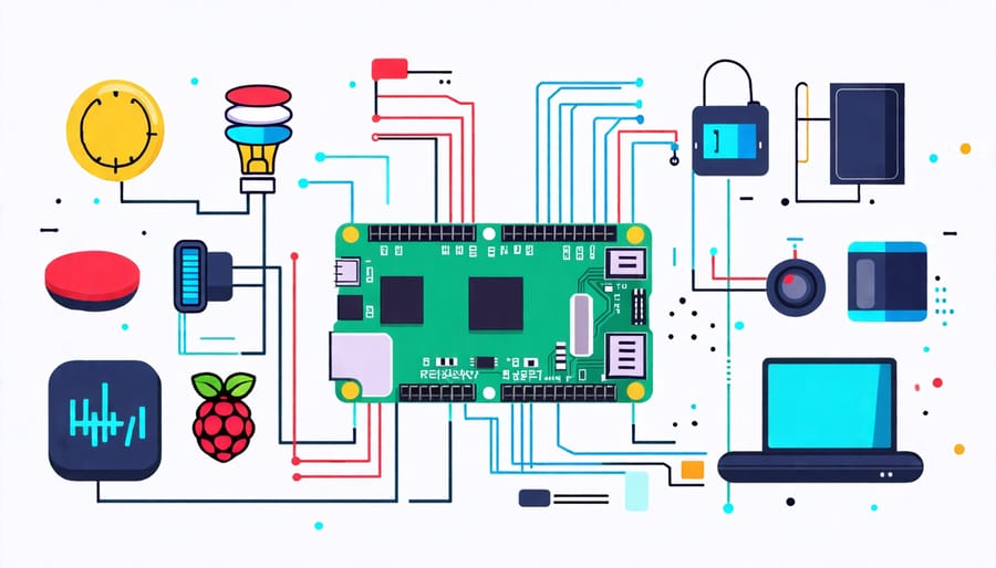 Architectural diagram of Raspberry Pi IoT gateway connected to multiple sensors and cloud