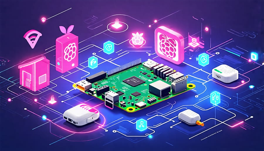 Illustration of a Raspberry Pi surrounded by connected IoT devices, demonstrating its capability to integrate with various smart home technologies through seamless connectivity.