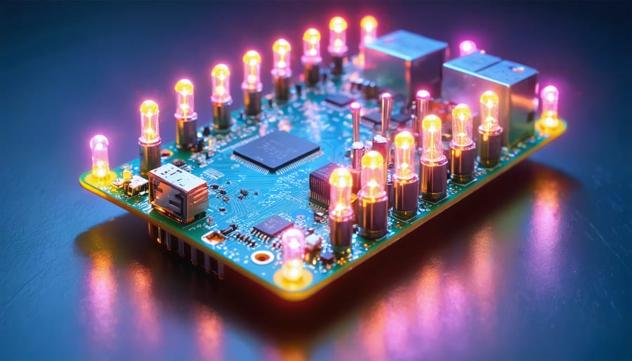 An artistic portrayal of a Raspberry Pi connected to glowing LED lights, representing the integration of Raspberry Pi and JavaScript for creative projects.