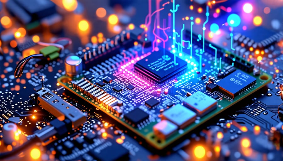 An artistic illustration showing a Raspberry Pi with electronic components like LEDs and sensors connected, visualized along with streaming lines of JavaScript code, symbolizing integration in IoT applications.