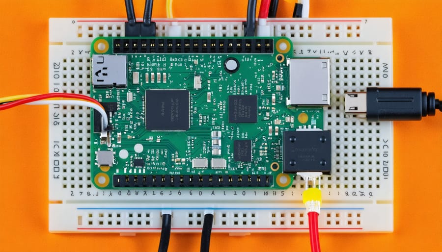 Raspberry Pi wired to an LED on a breadboard using jumper wires