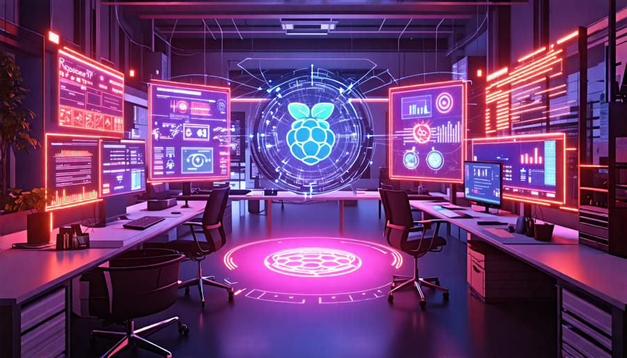 "A futuristic workshop with a central Raspberry Pi surrounded by holographic depictions of machine learning applications, symbolizing innovation and connectivity."