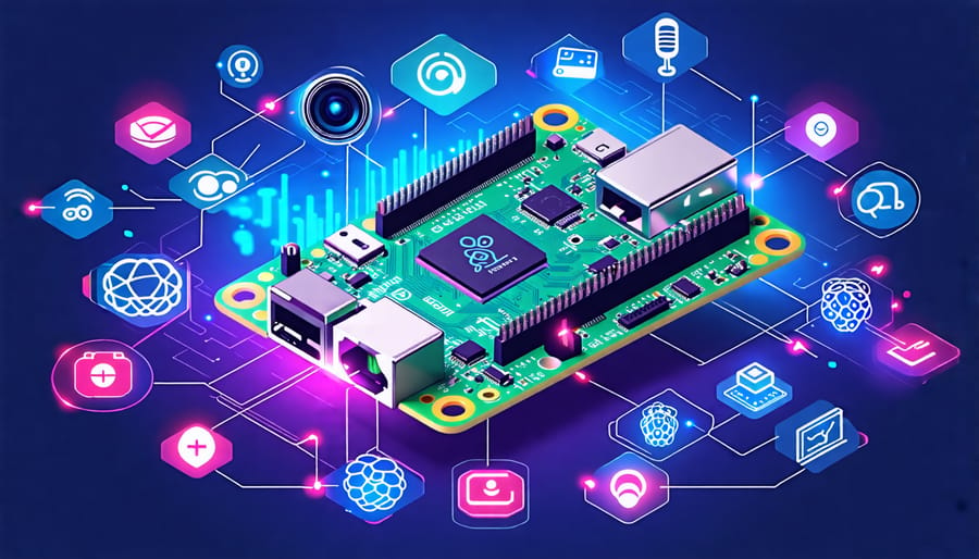 Illustration of a Raspberry Pi at the core of various machine learning applications, featuring digital holograms and symbols for AI processes and smart home automation.