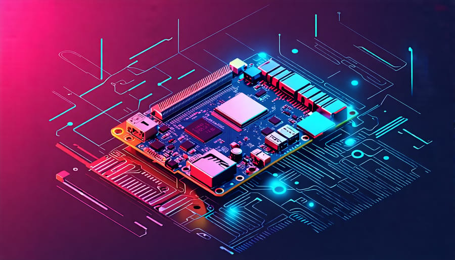 A Raspberry Pi with connected peripherals like a camera module and power supply, set up for machine learning projects