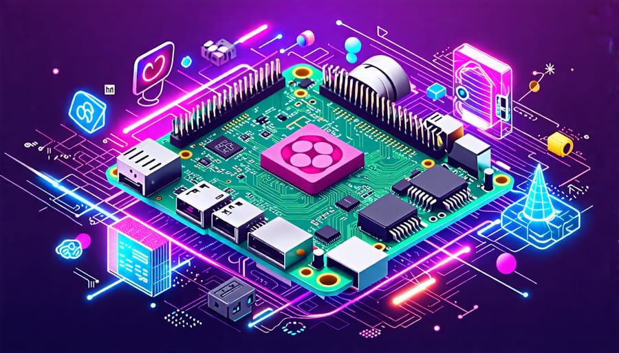 A creative montage featuring a Raspberry Pi at the center, surrounded by symbols of machine learning projects like neural networks, robots, smart homes, and AI data streams, representing the innovation and potential of AI with Raspberry Pi.