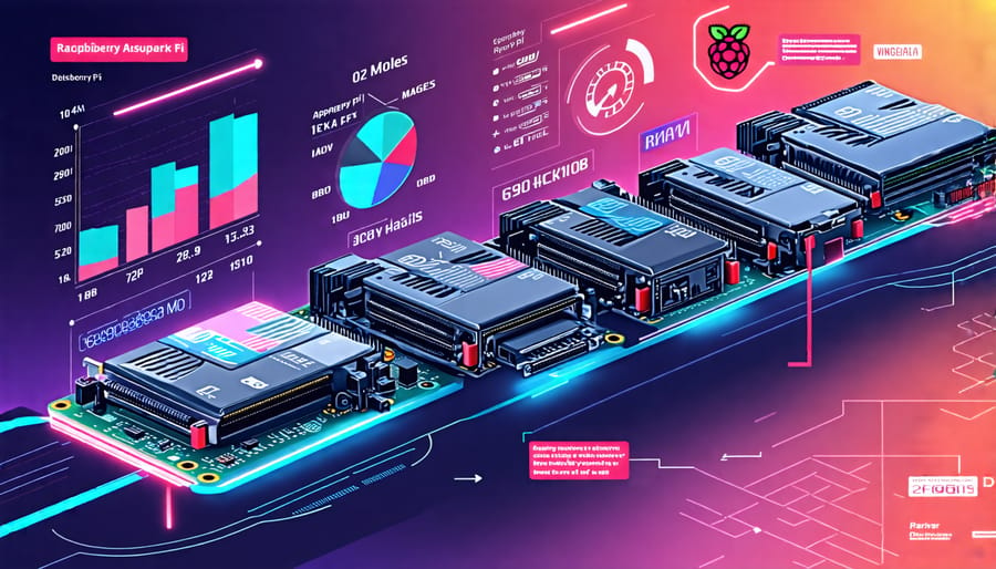 Dynamic illustration showing various Raspberry Pi models lined up on a race track with annotations highlighting their key specifications like CPU speed and RAM. Background includes speedometers, charts, and benchmark bars illustrating the performance comparison.