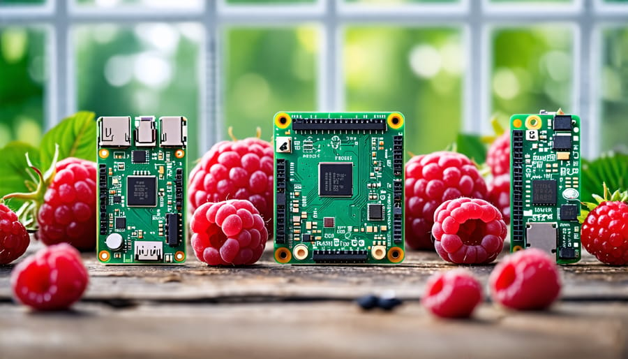 Different models of Raspberry Pi lined up showcasing their sizes and ports.