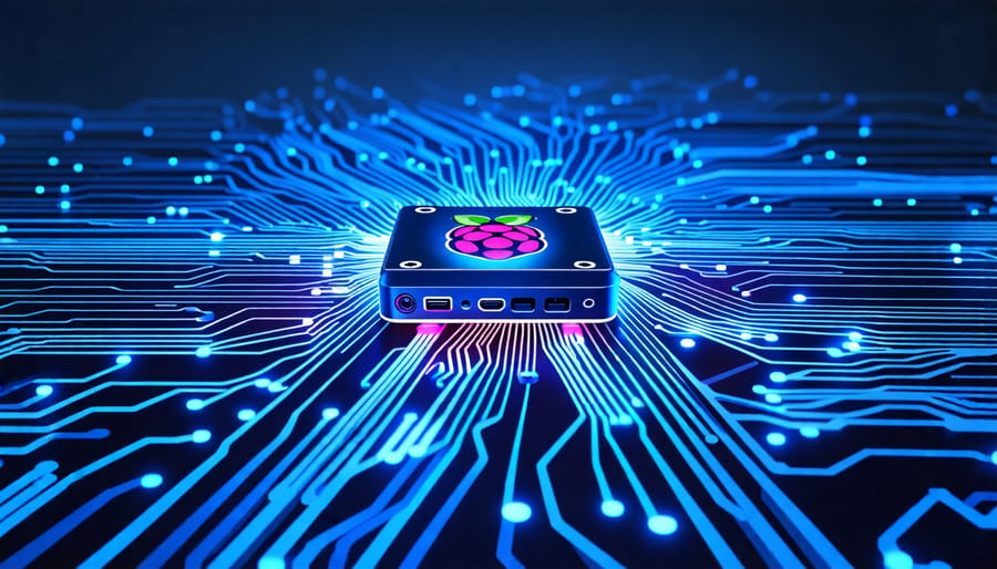 Illustration of a Raspberry Pi transforming into a network drive with digital network lines and an external hard drive, representing connectivity and data flow.