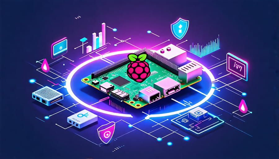 Conceptual illustration of a Raspberry Pi surrounded by icons representing network security tools like a firewall, VPN, monitoring graphs, honeypot, and ad-blocker, symbolizing its role in home network protection.