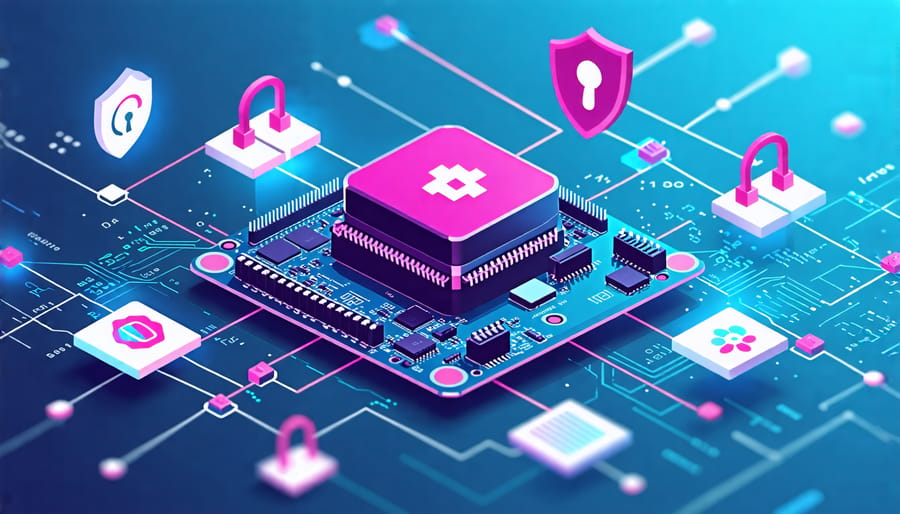 A Raspberry Pi depicted as a central hub in a network security system, illustrating its connectivity and role in monitoring and protecting network traffic with digital locks and analysis graphs.