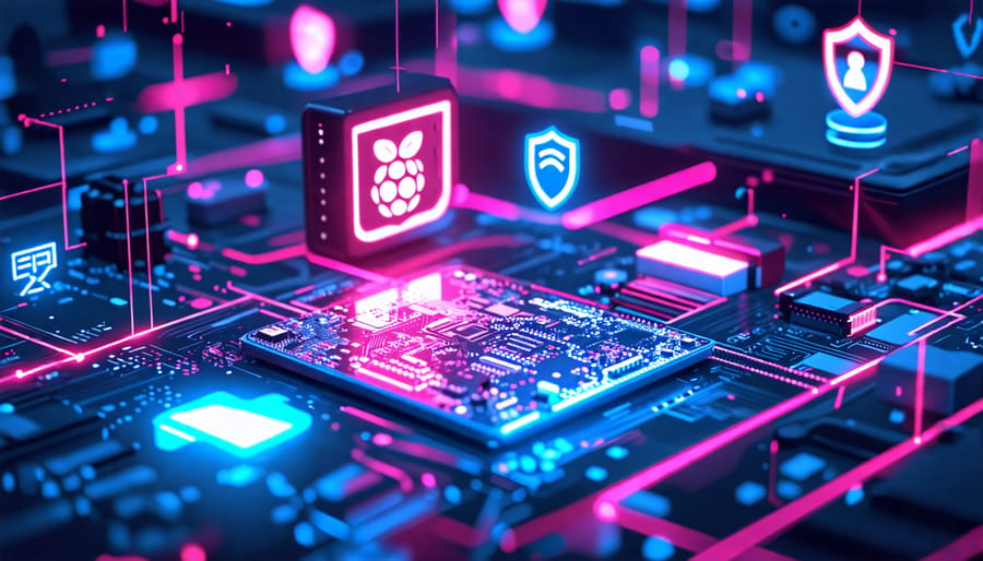 A futuristic scene featuring a Raspberry Pi surrounded by digital network security icons, symbolizing its role in enhancing cybersecurity through DIY projects.