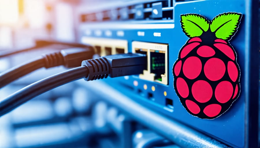 Raspberry Pi acting as a network security device, connected to a network switch