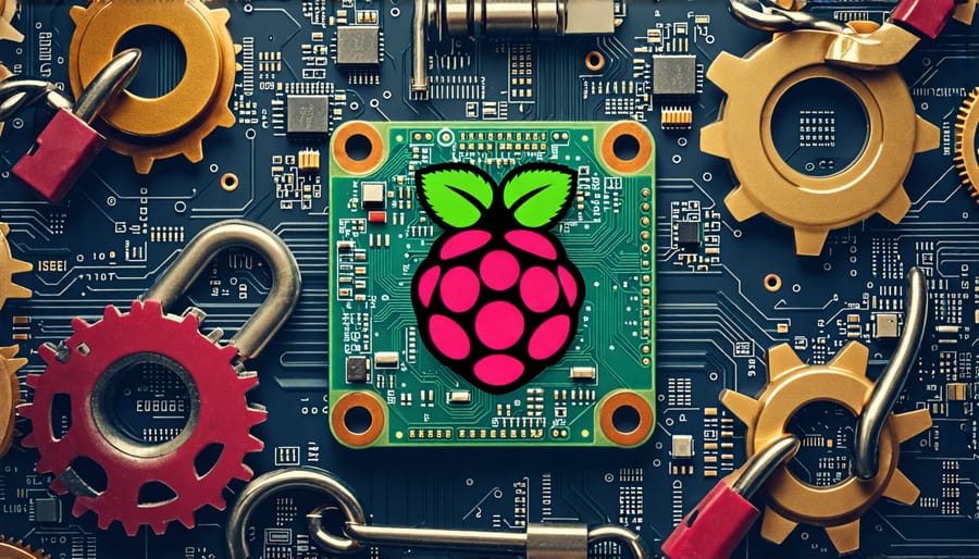 Conceptual illustration showing a Raspberry Pi alongside digital symbols representing the four freedoms of free software, highlighting the partial openness of its hardware components.