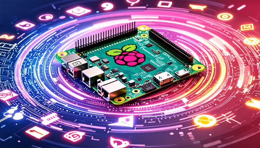 A Raspberry Pi board surrounded by a mosaic of open source software logos and hardware component designs, illustrating the blending of open and proprietary elements in Raspberry Pi.