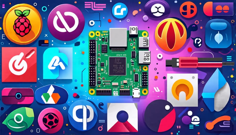 Collage of open source operating system logos around a Raspberry Pi board