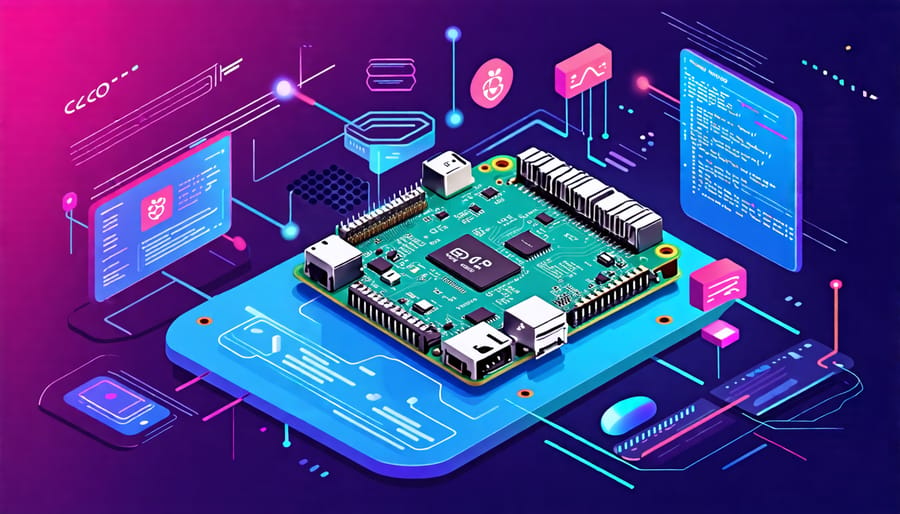 An illustration of a Raspberry Pi board linked to a digital display of the Raspberry Pi OS desktop, symbolizing innovation and user-friendliness.