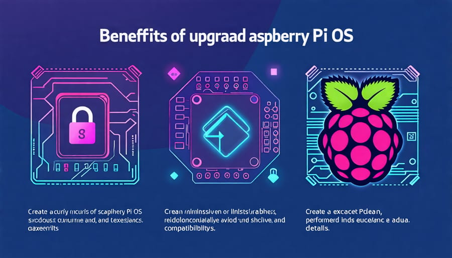 Illustration depicting the upgrade benefits such as security, performance, and hardware compatibility for Raspberry Pi.