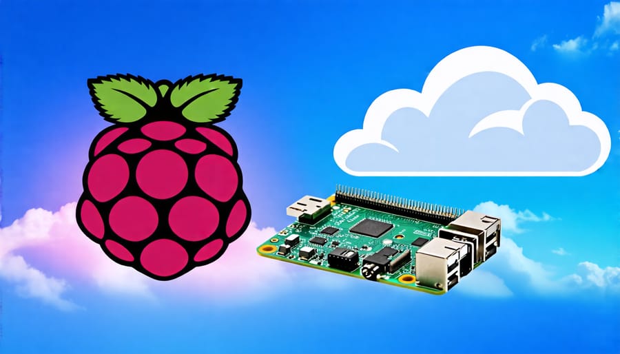 A Raspberry Pi device next to the OwnCloud logo set against a backdrop of digital clouds in a blue sky, symbolizing the integration of hardware and personal cloud storage technology.