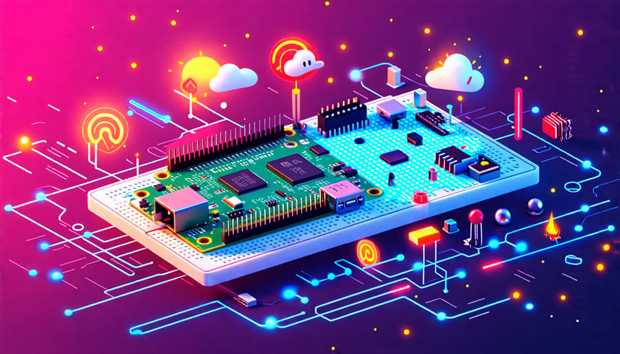 An artistic depiction of a Raspberry Pi Pico set on a breadboard with attached weather sensors representing a DIY weather station, showcasing sensors and graphical weather data elements to highlight the project theme.