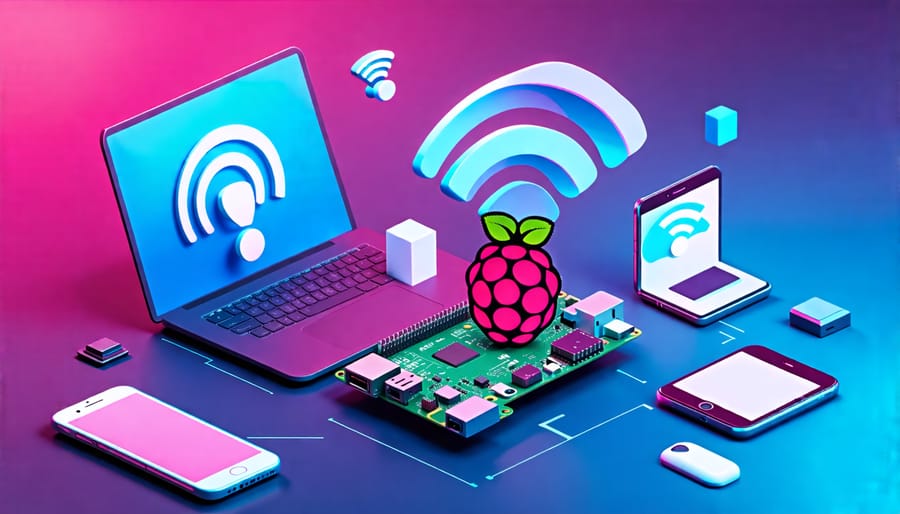 Conceptual illustration of a Raspberry Pi device emitting Wi-Fi signals, connecting multiple devices wirelessly, symbolizing portable internet connectivity.