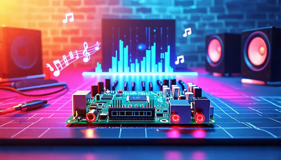 Raspberry Pi creatively connected to audio equipment, emphasizing its role as a high-performance audio interface for music production and recording.