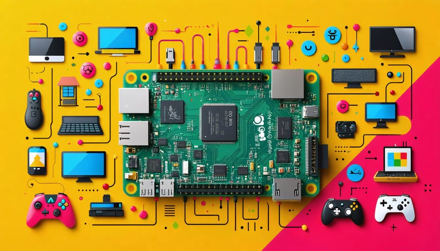 Illustration of a Raspberry Pi surrounded by icons representing its use in diverse projects like retro gaming, smart home automation, and creative tech innovations.