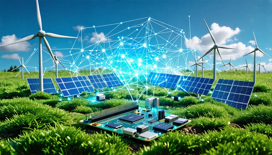 A Raspberry Pi surrounded by mini solar panels, wind turbines, and sensors, illustrating renewable energy projects in an educational context.