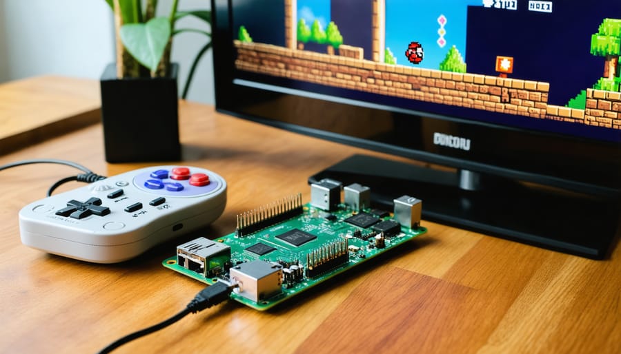 Raspberry Pi retro gaming console setup with a controller and a TV showing a classic game