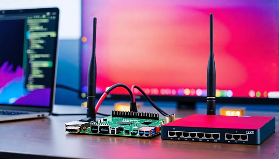 Raspberry Pi set up as a router, connected to a network switch and a laptop