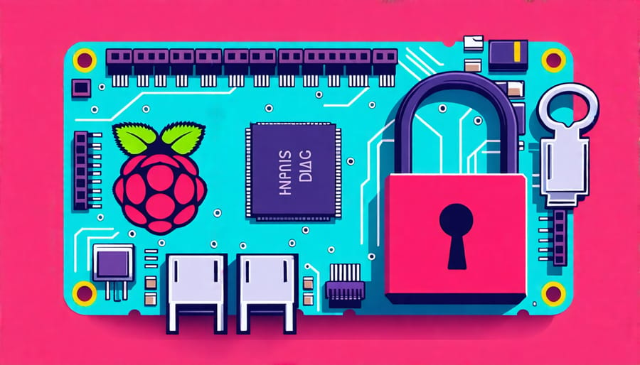 Conceptual image of a Raspberry Pi being secured with a lock and key