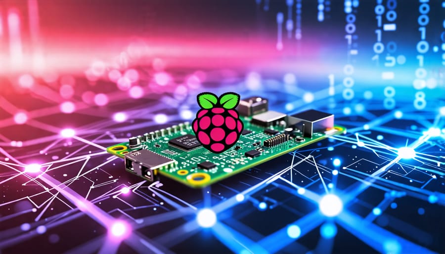 A Raspberry Pi surrounded by digital network lines and binary code, subtly featuring the Security Onion logo, representing the integration of Raspberry Pi and Security Onion for network security monitoring.