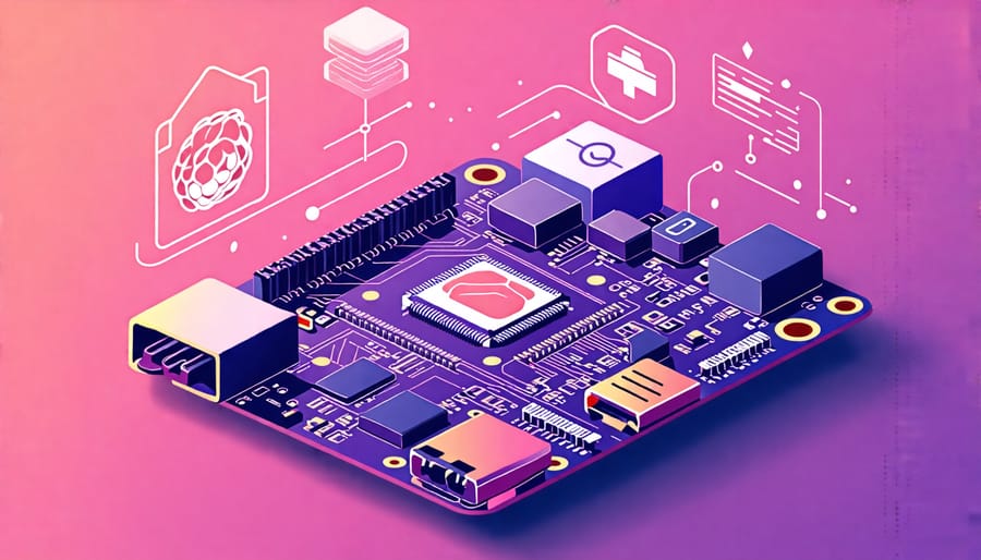 A Raspberry Pi surrounded by icons representing security measures like locks and shields