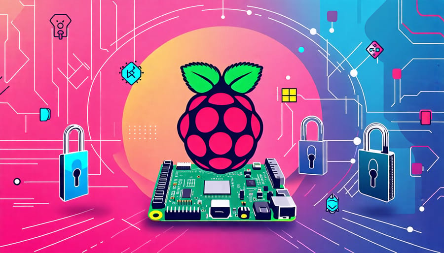 A Raspberry Pi device secured with digital locks representing IoT security