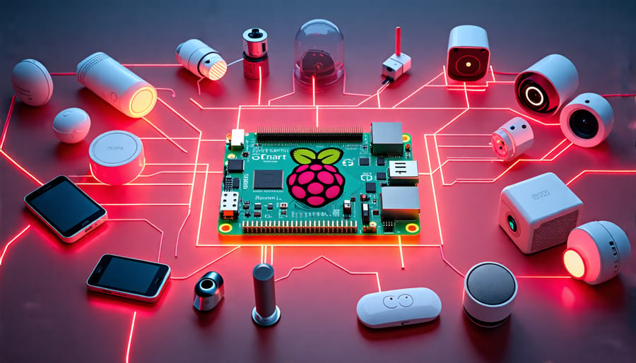 Conceptual illustration of a Raspberry Pi acting as the central hub for various smart home devices, including lights, cameras, and thermostats, connected through digital lines.