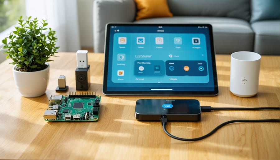 Raspberry Pi smart home hub controlling various devices through a web-based interface on a tablet