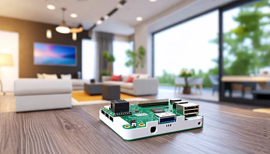 A Raspberry Pi device connected to various smart home gadgets for automation tasks