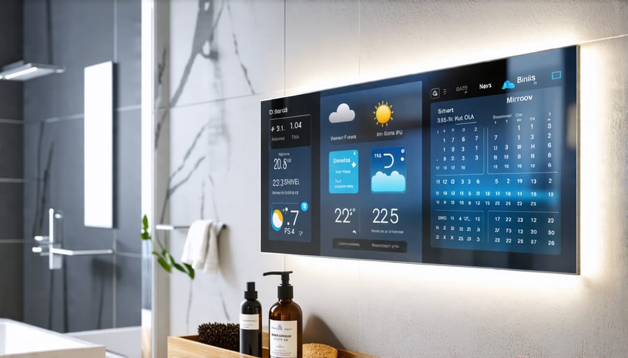 A modern bathroom featuring a smart mirror displaying weather, news, and calendar updates, powered by a Raspberry Pi.