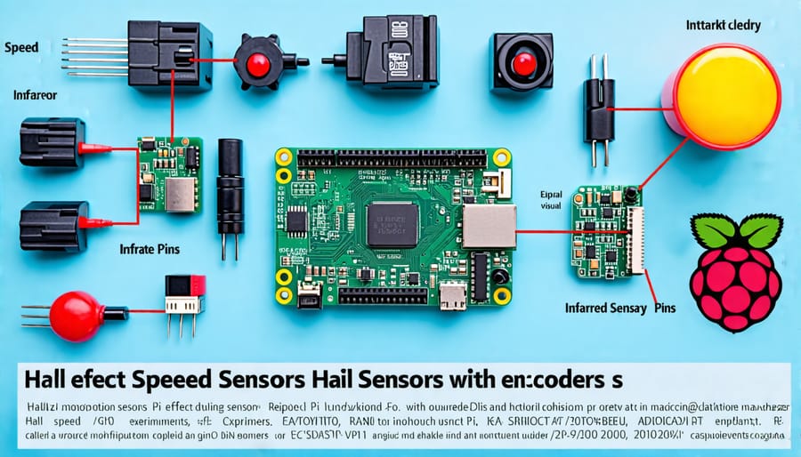 A Raspberry Pi connected to various types of speed sensors, including Hall effect, infrared, and rotary encoders, illustrating their integration and wiring setup for measuring speed in diverse applications.