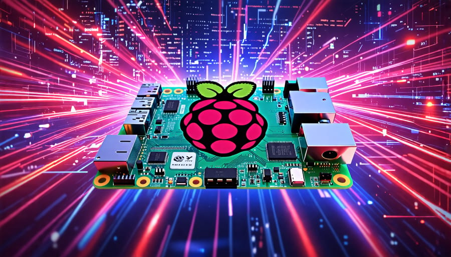 Conceptual depiction of a Raspberry Pi at the center of various tech projects, including media centers, retro gaming, smart home devices, and coding activities, symbolizing its versatility and revolutionary impact.