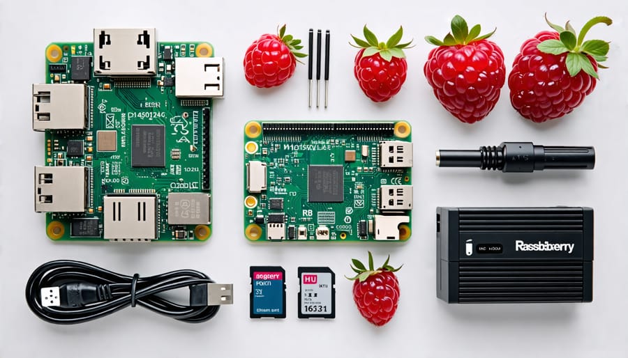 A collection of essential tools and accessories for Raspberry Pi projects, including a case, power supply, and SD cards