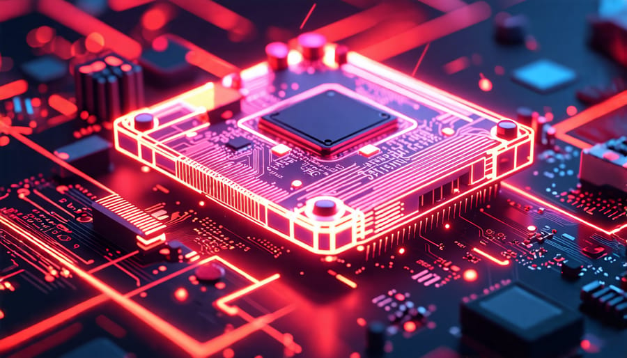 Illustration of a Raspberry Pi undergoing a digital upgrade transformation, highlighted by symbols of enhanced security, performance, and compatibility amidst glowing lines and geometric shapes.