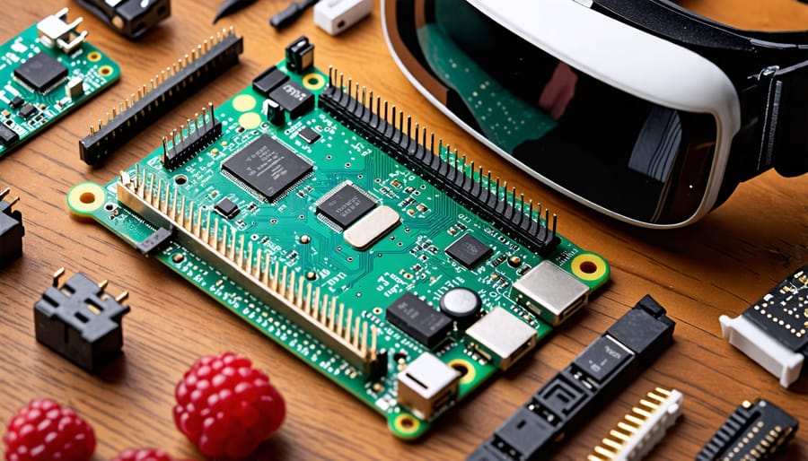 A Raspberry Pi board and components needed for building a VR headset