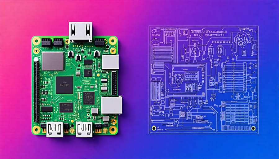 Raspberry Pi single-board computer next to its openly available hardware schematics