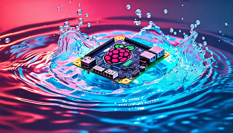 A futuristic Raspberry Pi submerged in a glowing blue water vortex, symbolizing advanced cooling and performance enhancement.