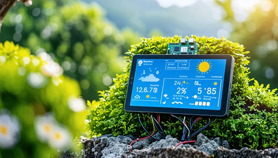 Raspberry Pi weather station with sensors for temperature, humidity, pressure, rainfall, and wind speed